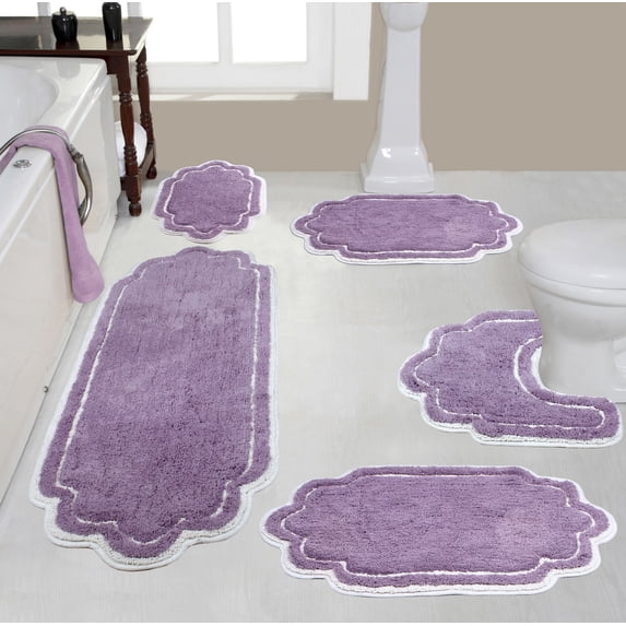 Home Weavers Allure Collection 100% Cotton Non-Slip Bathroom Rug Set Machine Washable Bathroom Rug, U Shaped Contour, Bathroom Rug, Bath Rug, Runner, Purple Color 5 Piece Bath Rug set