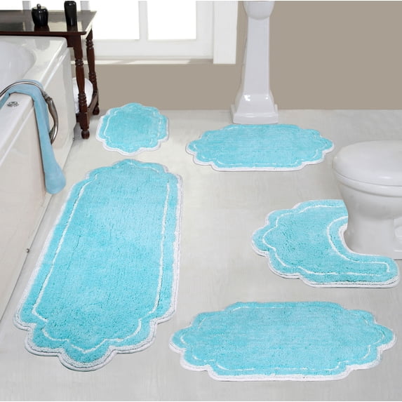 Home Weavers Allure Collection 100% Cotton Non-Slip Bathroom Rug Set Machine Washable Bathroom Rug, U Shaped Contour, Bathroom Rug, Bath Rug, Runner, Turquoise Color 5 Piece Bath Carpet set