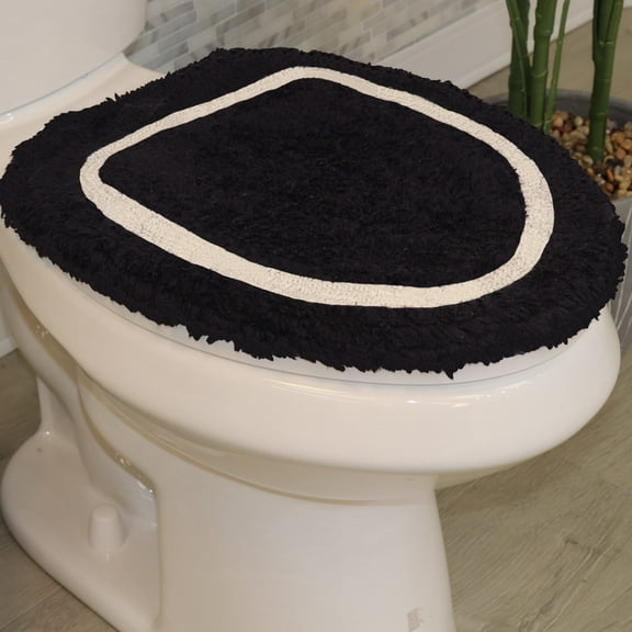 Home Weavers Allure Collection 100% Cotton Toilet Lid Cover 18"x18", Soft & Absorbent Toilet Seat Cover, Elastic Fit, Machine Washable Bathroom Toilet Lid Topper, Black