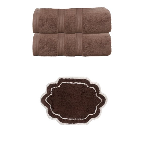 Home Weavers Allure 100% Cotton 3-Piece Bath Rug and Towel Set, 1 Rug and 2 Towels, Non-Slip, Machine Washable, 17"x24", Chocolate