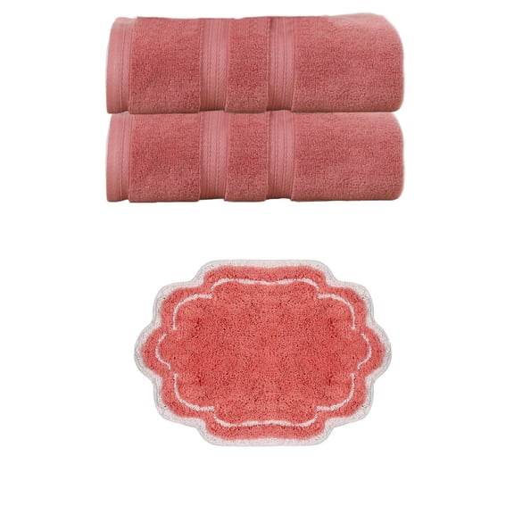 Home Weavers Allure Collection 100% Soft Cotton Super Absorbent 2 Pcs Bath Towel Set & 1 Pc 17x24" Bath Rug, Machine Washable & Non Slip (Set of 3), Coral