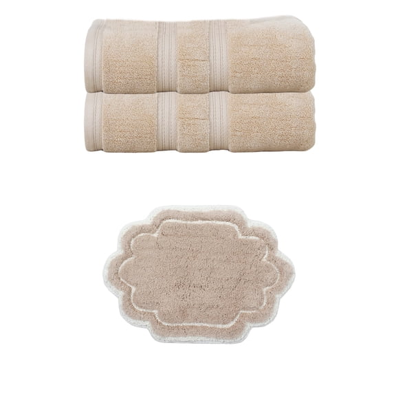 Home Weavers Allure Collection 100% Soft Cotton 2 Pc Bath Towel Set & 1 Pc 17x24 Bath Rug, Machine Washable & Non Slip(Set of 3) Linen - 17"x24" +