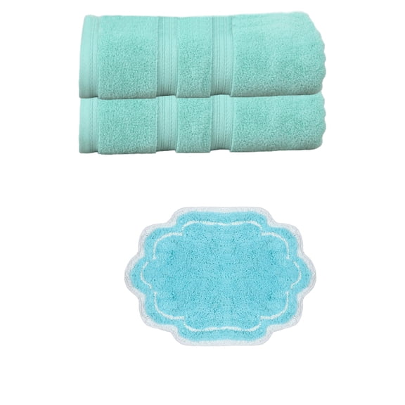 Home Weavers Allure Collection 100% Soft Cotton 2 Pc Bath Towel Set & 1 Pc 17x24 Bath Rug, Machine Washable & Non Slip(Set of 3) Turquoise - 17"x24"