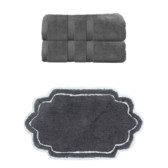 Home Weavers Allure Cotton Bath Towel & Bath Rug Set, Super Absorbent, Non-Slip, Machine Washable, 3-Piece, Dark Gray