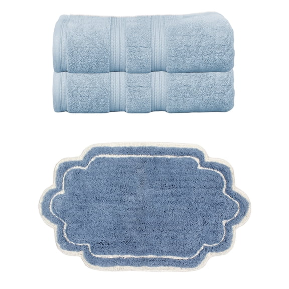Home Weavers Allure Cotton Bath Towel & Bath Rug Set, Includes 2 Bath Towels and 1 Bath Rug, Super Absorbent, Non-Slip, Blue