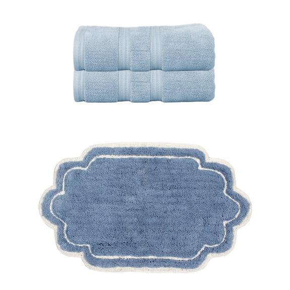 Home Weavers Allure Cotton Bath Towel & Bath Rug Set, Super Absorbent, Non-Slip, Machine Washable, 3-Piece, Blue