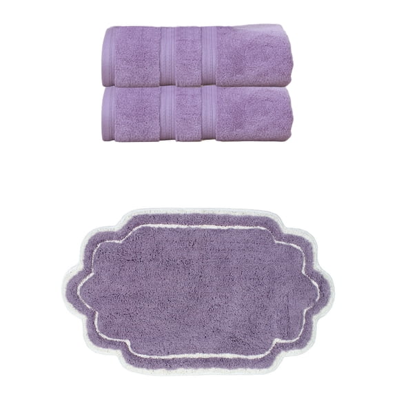 Home Weavers Allure Cotton Bath Towel & Bath Rug Set, Super Absorbent, Non-Slip, Machine Washable, 3-Piece, Purple