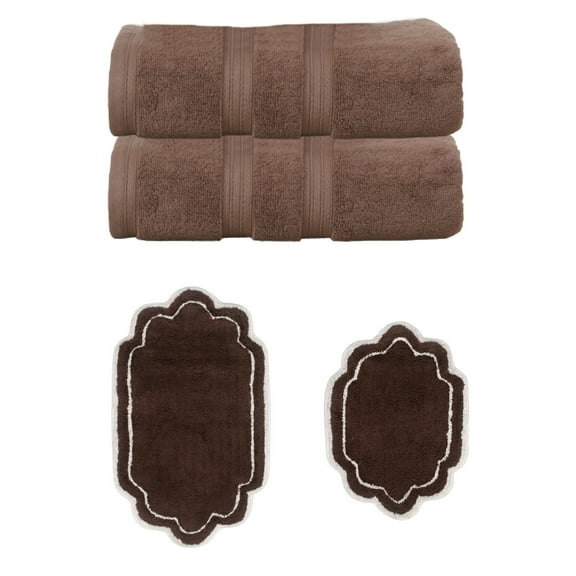 Home Weavers Allure Collection 100% Soft Cotton Super Absorbent 2 Pcs Bath Towel Set & 2 Pc Bath Rug Combo, Machine Washable & Non Slip (Set of 4), Chocolate