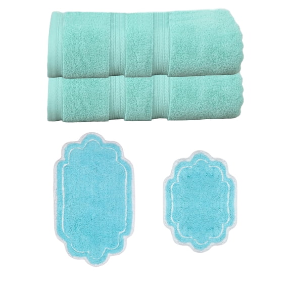 Home Weavers Allure Collection 100% Soft Cotton Super Absorbent 2 Pcs Bath Towel Set & 2 Pc Bath Rug Combo, Machine Washable & Non Slip (Set of 4), Turquoise