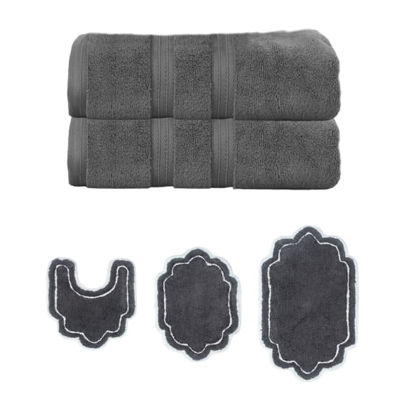 Home Weavers Allure Collection 100% Soft Cotton Super Absorbent 2 Pcs Bath Towel Set & 3 Pc Bath Rug Combo, Machine Washable & Non Slip (Set of 5), Dark Gray