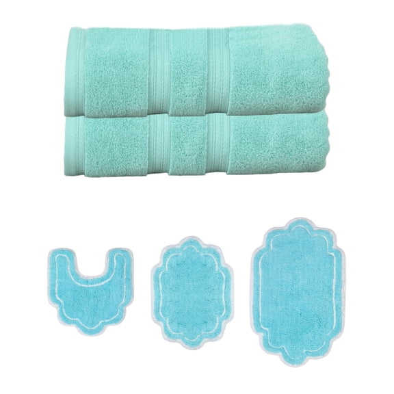 Home Weavers Allure Collection 100% Soft Cotton Super Absorbent 2 Pcs Bath Towel Set & 3 Pc Bath Rug Combo, Machine Washable & Non Slip (Set of 5), Turquoise