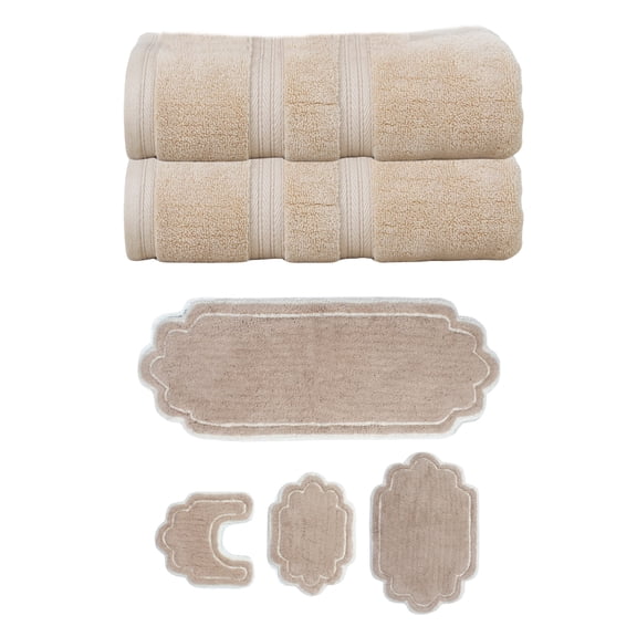 Home Weavers Allure Cotton Bath Towel & Bath Rug Set, Super Absorbent, Non-Slip, Machine Washable, 6-Piece, Linen