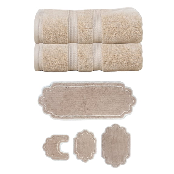 Home Weavers Allure Cotton Bath Towel & Bath Rug Set, Super Absorbent, Non-Slip, Machine Washable, 6-Piece, Linen