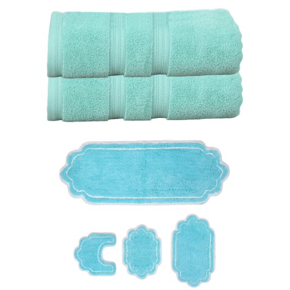Home Weavers Allure Collection 100% Soft Cotton Super Absorbent 2 Pcs Bath Towel Set & 4 Pc Bath Rug Combo, Machine Washable & Non Slip (Set of 6), Turquoise