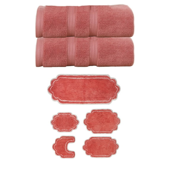 Home Weavers Allure Collection 100% Soft Cotton Super Absorbent 2 Pcs Bath Towel Set & 5 Pc Bath Rug Combo, Machine Washable & Non Slip (Set of 7), Coral