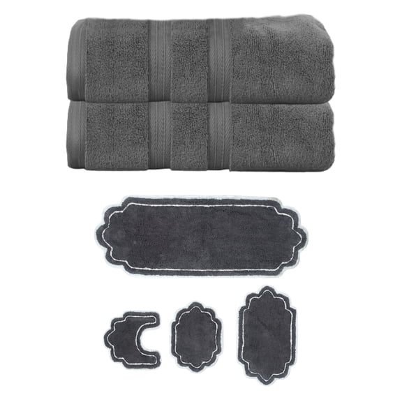 Home Weavers Allure Cotton Bath Towel & Bath Rug Set, Super Absorbent, Non-Slip, Machine Washable, 6-Piece, Dark Gray