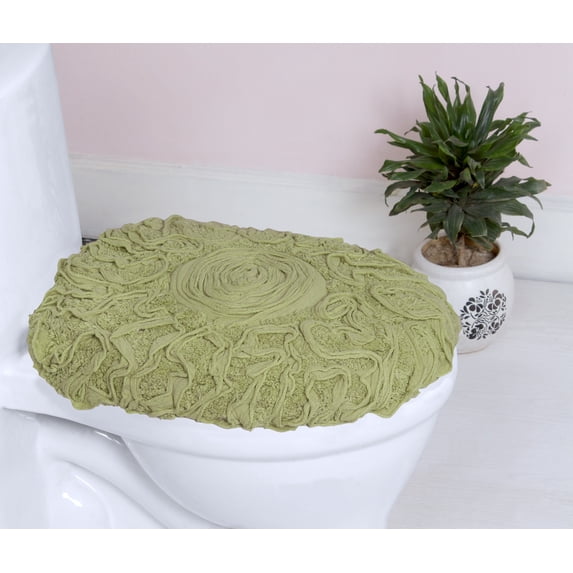 Home Weavers Bell Flower Bathroom Rug Toilet Lid Seat Cover Elastic Edges, 100% Cotton Soft Universal Fit for Standard Oblong Round Bath Room Bowl Lids, Washable 18"x18" Toilet Lid Cover, Green