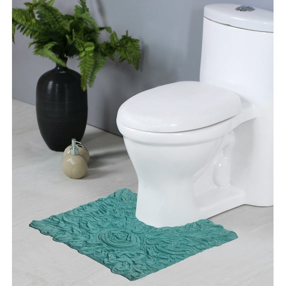 Home Weavers Bell Flower Bathroom Rug Toilet Rugs U Shaped Contour, Thick Toilet Rug, Non-Slip Contour Mat for Bathroom,100% Cotton Soft Absorbent Water, Machine Washable, 20"x20" Contour Turquoise