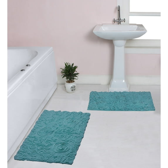 Home Weavers Bell Flower Collection 100% Cotton Non-Slip Bathroom Rug Set Machine Washable Bath Rug-21"x34", Bathroom Rug- 24"x40", Blue Color 2 Piece Bath Rug set