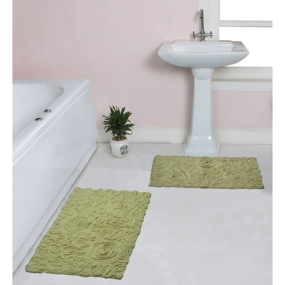 Home Weavers Bell Flower Collection 100% Cotton Non-Slip Bathroom Rug Set Machine Washable Bath rug-21"x34", Bathroom Rug- 24"x40", Green Color 2 Piece Bath rug set