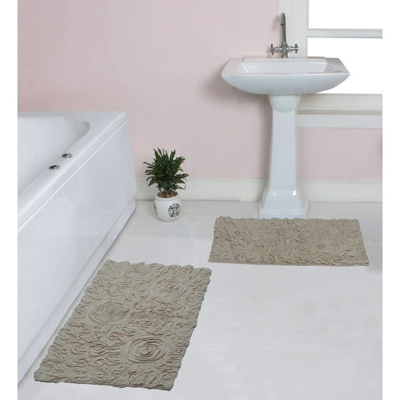 Home Weavers Bell Flower Collection 100% Cotton Non-Slip Bathroom Rug Set Machine Washable Bath Rug-21"x34", Bathroom Rug- 24"x40", Linen Color 2 Piece Bath Rug set