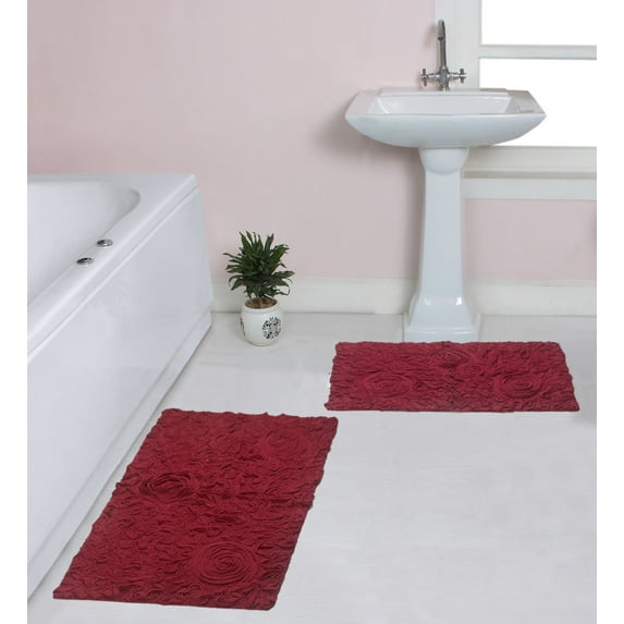 Home Weavers Bell Flower Collection 100% Cotton Non-Slip Bathroom Rug Set Machine Washable Bath Rug-21"x34", Bathroom Rug- 24"x40", Red Color 2 Piece Bath Rug set