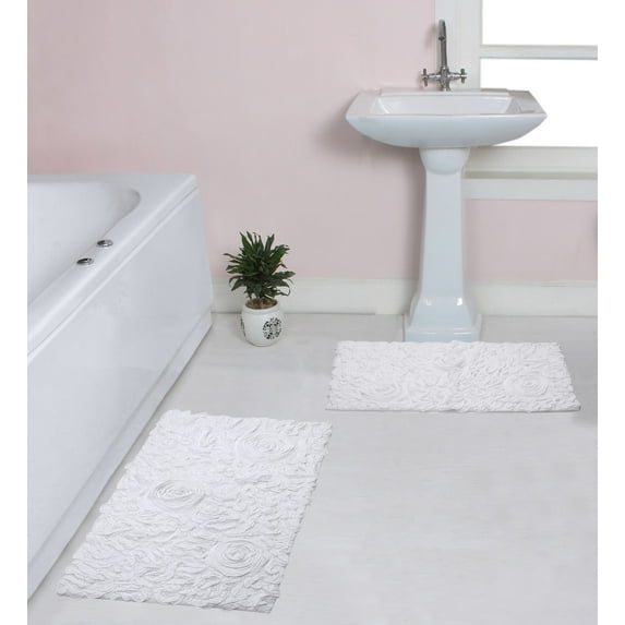 Home Weavers Bell Flower Collection 100% Cotton Non-Slip Bathroom Rug Set Machine Washable Bath Rug-21"x34", Bathroom Rug- 24"x40", White Color 2 Piece Bath Rug set