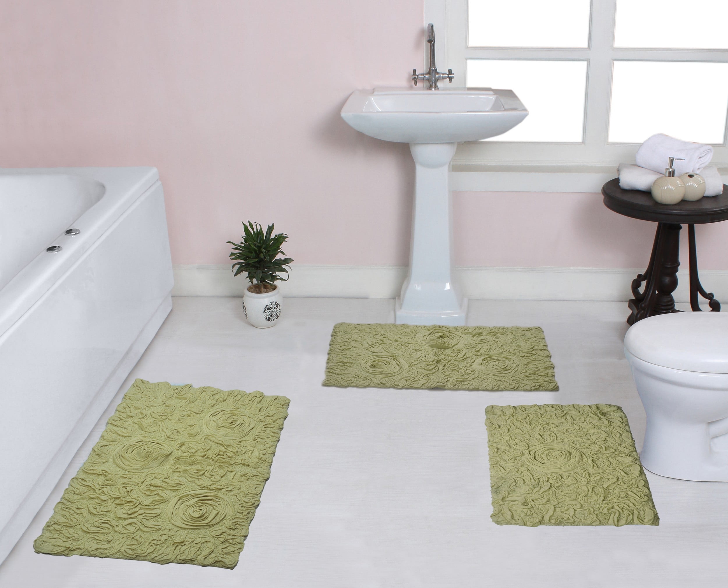 Home Weavers Bell Flower Collection 100% Cotton Non-Slip Bathroom Rug Set Machine Washable Bathroom Rug-17"x24", Bath Rug- 21"x34", Bathroom Rug- 24"x40", Green Color 3 Piece Bath rug set