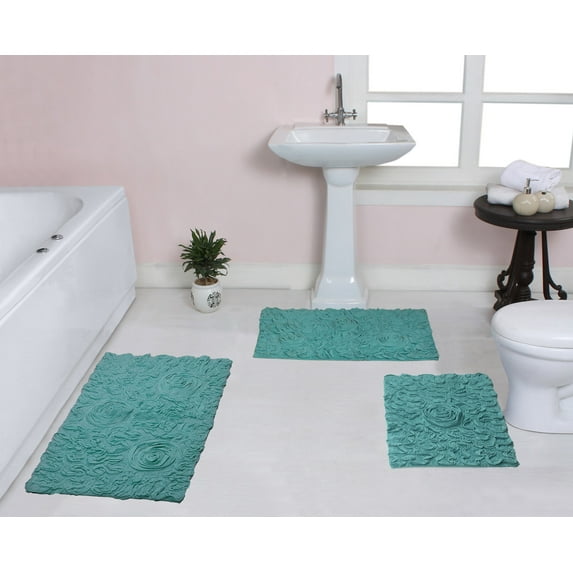 Home Weavers Bell Flower Collection 100% Cotton Non-Slip Bathroom Rug Set Machine Washable Bathroom Rug-17"x24", Bath Rug- 21"x34", Bathroom Rug- 24"x40", Turquoise Color 3 Piece Bath rug set