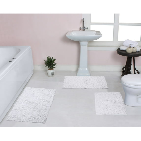 Home Weavers Bell Flower Collection 100% Cotton Non-Slip Bathroom Rug Set Machine Washable Bathroom Rug-17"x24", Bath Rug- 21"x34", Bathroom Rug- 24"x40", White Color 3 Piece Bath Rug set