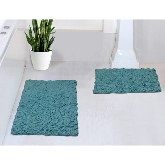 Home Weavers Bell Flower Collection 100% Cotton Non-Slip Bathroom Rug Set Machine Washable Bathroom Rug-17"x24", Bath Rug- 21"x34", Blue Color 2 Piece Bath Rug set