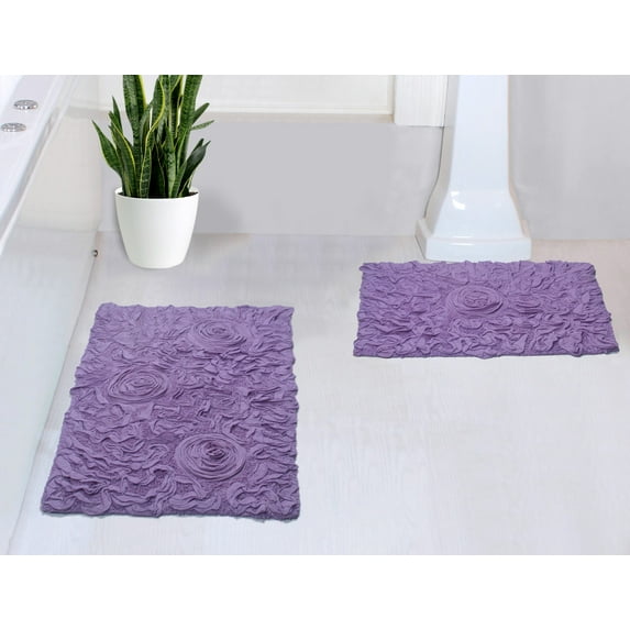 Home Weavers Bell Flower Collection 100% Cotton Non-Slip Bathroom Rug Set Machine Washable Bathroom Rug-17"x24", Bath Rug- 21"x34", Purple Color 2 Piece Bath rug set