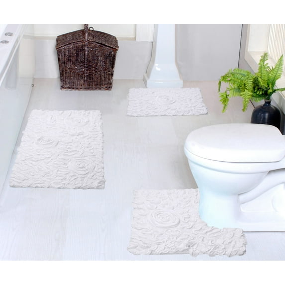 Home Weavers Bell Flower Collection 100% Cotton Non-Slip Bathroom Rug Set Machine Washable Bathroom Rug-17"x24", Bath Rug- 21"x34", U Shaped Contour- 20"x20", White Color 3 Piece Bath Rug set