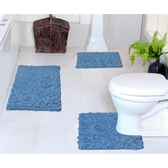 Home Weavers Bell Flower Collection 100% Cotton Non-Slip Bathroom Rug Set Machine Washable Bathroom Rug-17"x24", Bath Rug- 21"x34", U Shaped Contour- 20"x20", Sky Blue Color 3 Piece Bath Rug set