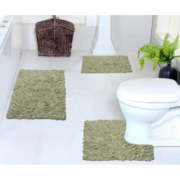 Home Weavers Bell Flower Collection 100% Cotton Non-Slip Bathroom Rug Set Machine Washable Bathroom Rug-17"x24", Bath Rug- 21"x34", U Shaped Contour- 20"x20", Green Color 3 Piece Bath Carpet set