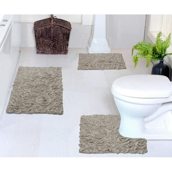 Home Weavers Bell Flower Collection 100% Cotton Non-Slip Bathroom Rug Set Machine Washable Bathroom Rug-17"x24", Bath Rug- 21"x34", U Shaped Contour- 20"x20", Linen Color 3 Piece Bath rug set