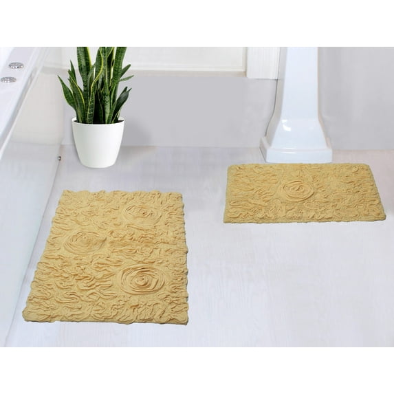 Home Weavers Bell Flower Collection 100% Cotton Non-Slip Bathroom Rug Set Machine Washable Bathroom Rug-17"x24", Bath Rug- 21"x34", Yellow Color 2 Piece Bath Rug set