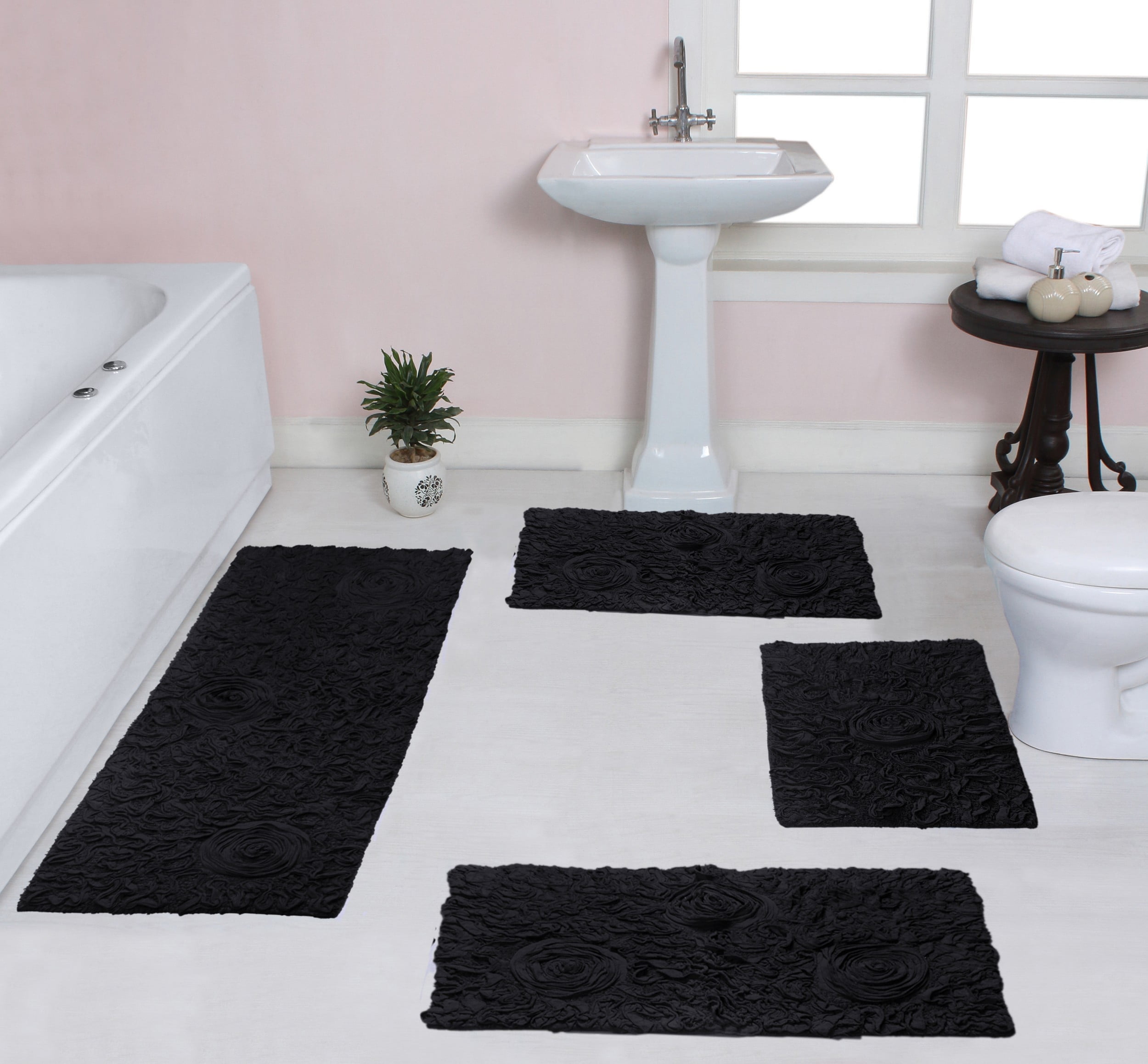 Home Weavers Bell Flower Collection 100% Cotton Non-Slip Bathroom Rug Set Machine Washable Bathroom Rug, Bath Rug, Bathroom Rug, Runner, Black Color 4 Piece Bath Rug set