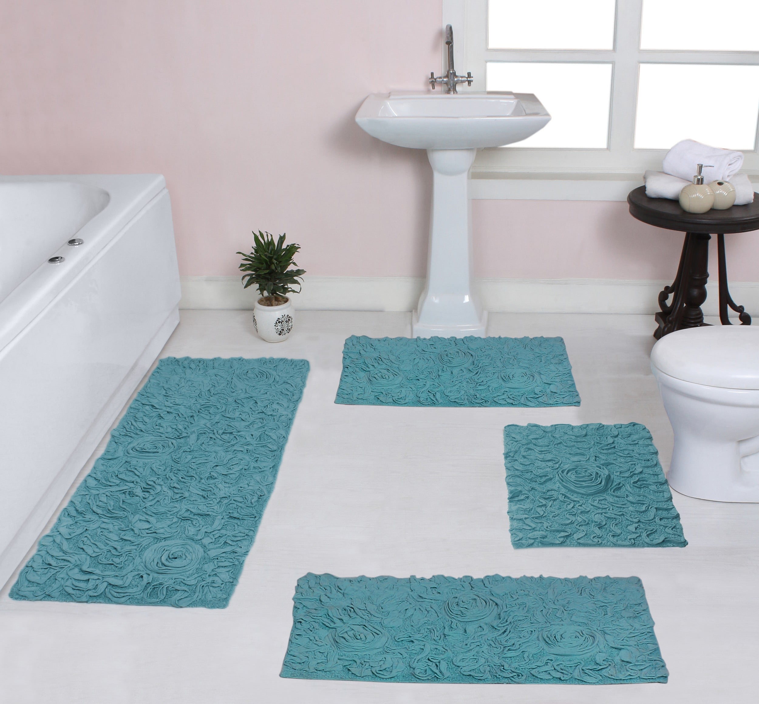 Home Weavers Bell Flower Collection 100% Cotton Non-Slip Bathroom Rug Set Machine Washable Bathroom Rug, Bath Rug, Bathroom Rug, Runner, Blue Color 4 Piece Bath Rug set