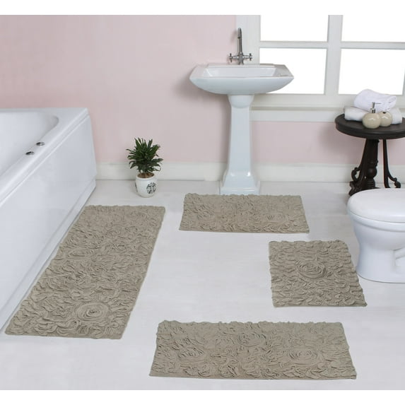 Home Weavers Bell Flower Collection 100% Cotton Non-Slip Bathroom Rug Set Machine Washable Bathroom Rug, Bath Rug, Bathroom Rug, Runner, Linen Color 4 Piece Bath Rug set