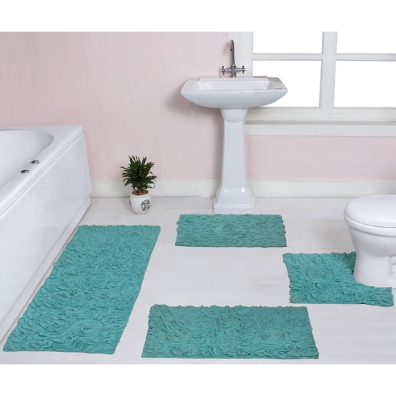 Home Weavers Bell Flower Collection 100% Cotton Non-Slip Bathroom Rug Set Machine Washable Bathroom Rug, Bath Rug, U Shaped Contour, Runner, Turquoise Color 4 Piece Bath Rug set