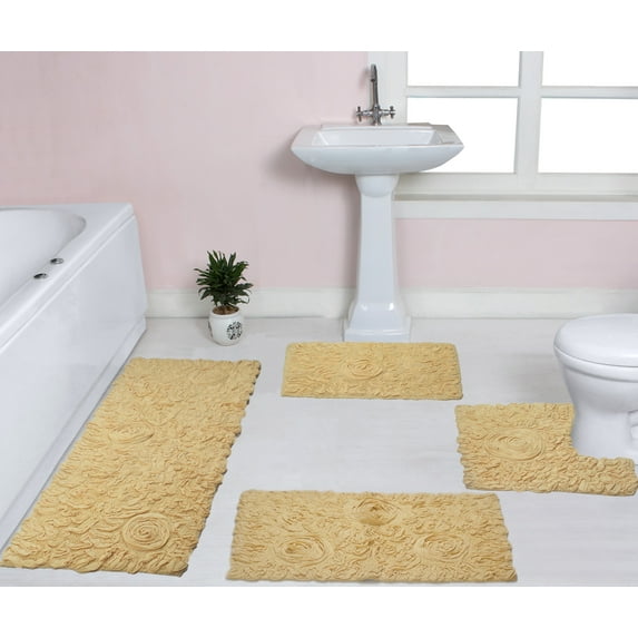 Home Weavers Bell Flower Collection 100% Cotton Non-Slip Bathroom Rug Set Machine Washable Bathroom Rug, Bath Rug, U Shaped Contour, Runner, Yellow Color 4 Piece Bath Rug set
