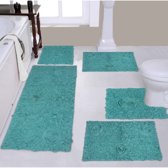 Home Weavers Bell Flower Collection 100% Cotton Non-Slip Bathroom Rug Set Machine Washable Bathroom Rug, U Shaped Contour, Bathroom Rug, Bath Rug, Runner, Turquoise Color 5 Piece Bath Carpet set