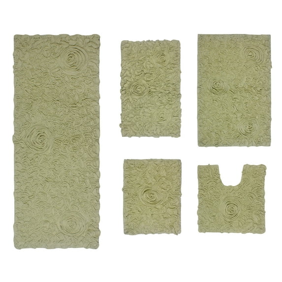 Home Weavers Bell Flower Collection 100% Cotton Non-Slip Bathroom Rug Set Machine Washable Bathroom Rug, U Shaped Contour, Bathroom Rug, Bath Rug, Runner, Green Color 5 Piece Bath Rug set