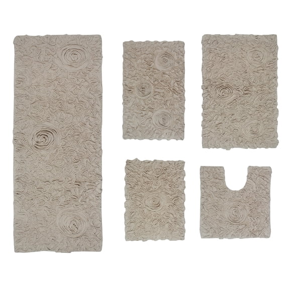 Home Weavers Bell Flower Collection 100% Cotton Non-Slip Bathroom Rug Set Machine Washable Bathroom Rug, U Shaped Contour, Bathroom Rug, Bath Rug, Runner, Linen Color 5 Piece Bath rug set