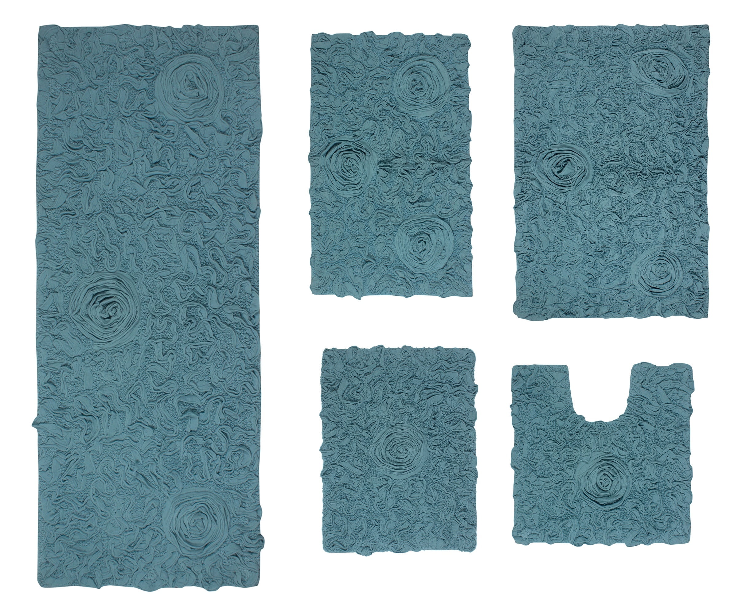 Home Weavers Bell Flower Collection 100% Cotton Non-Slip Bathroom Rug Set Machine Washable Bathroom Rug, U Shaped Contour, Bathroom Rug, Bath Rug, Runner, Blue Color 5 Piece Bath rug set