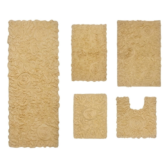 Home Weavers Bell Flower Collection 100% Cotton Non-Slip Bathroom Rug Set Machine Washable Bathroom Rug, U Shaped Contour, Bathroom Rug, Bath Rug, Runner, Yellow Color 5 Piece Bath rug set