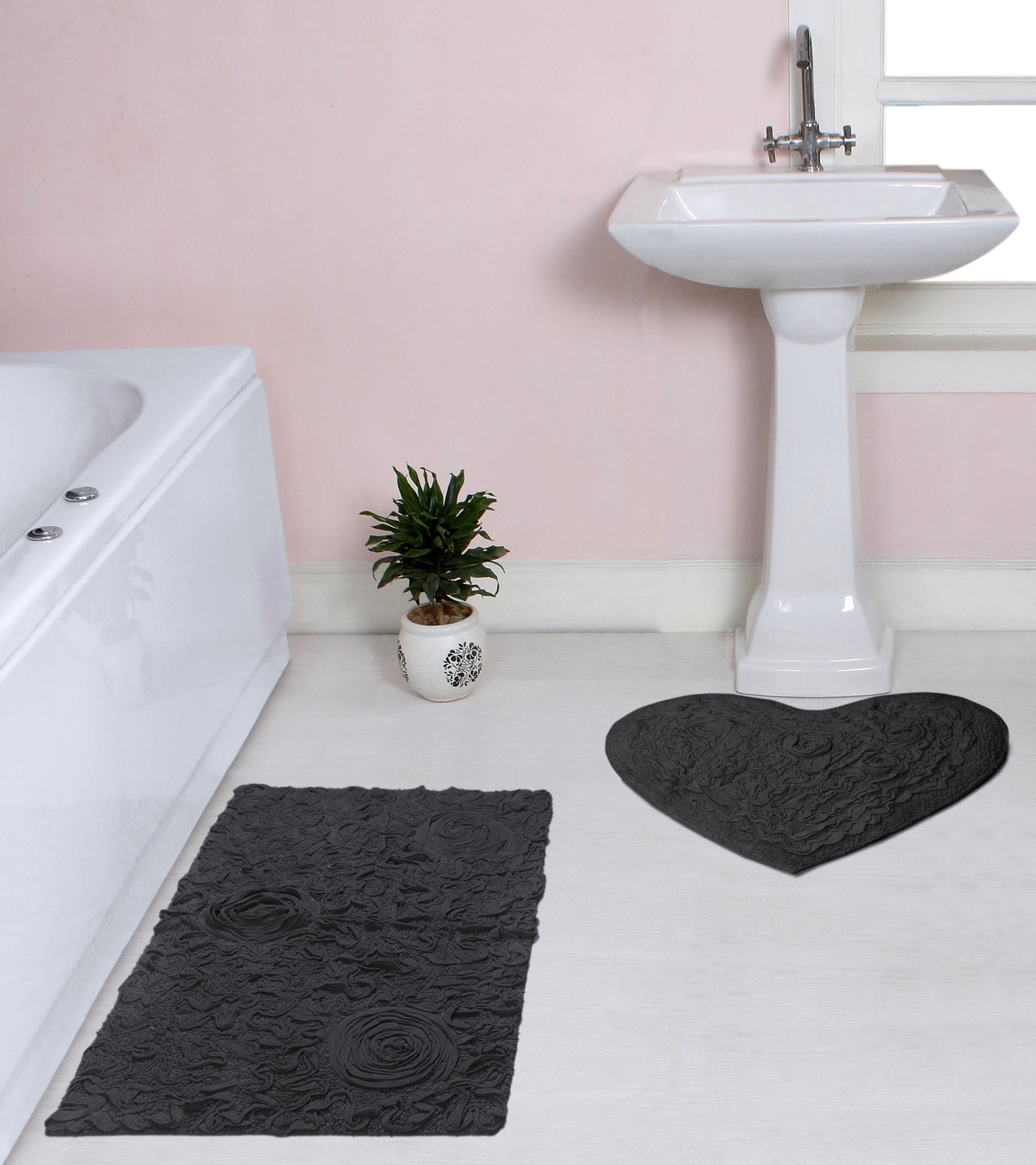 Home Weavers Bell Flower Collection 100% Cotton Non-Slip Bathroom Rug Set Machine Washable Heart Shape Bath Rug-25"x25", Bath Rug- 21"x34", Gray Color 2 Piece Bath Carpet set