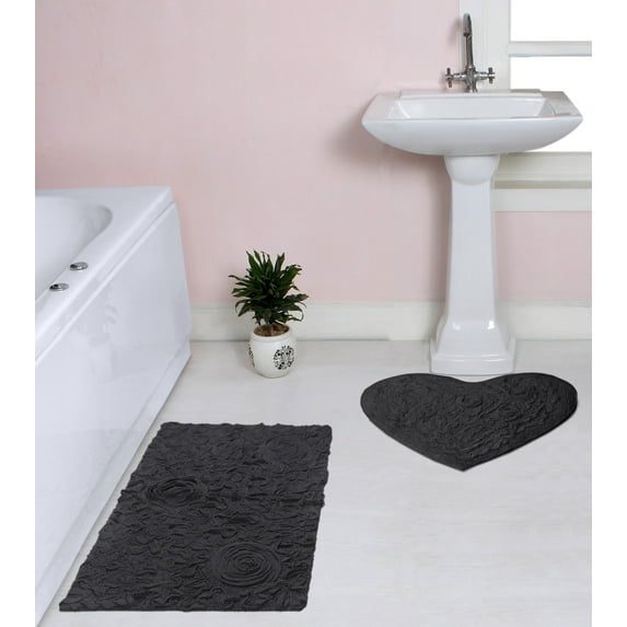 Home Weavers Bell Flower Collection 100% Cotton Non-Slip Bathroom Rug Set Machine Washable Heart Shape Bath Rug-25"x25", Bath Rug- 21"x34", Gray Color 2 Piece Bath Carpet set