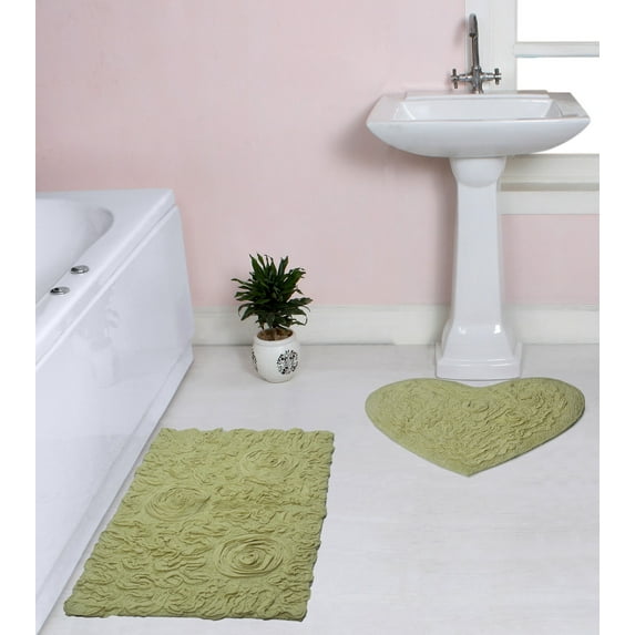 Home Weavers Bell Flower Collection 100% Cotton Non-Slip Bathroom Rug Set Machine Washable Heart Shape Bath Rug-25"x25", Bath Rug- 21"x34", Green Color 2 Piece Bath Carpet set